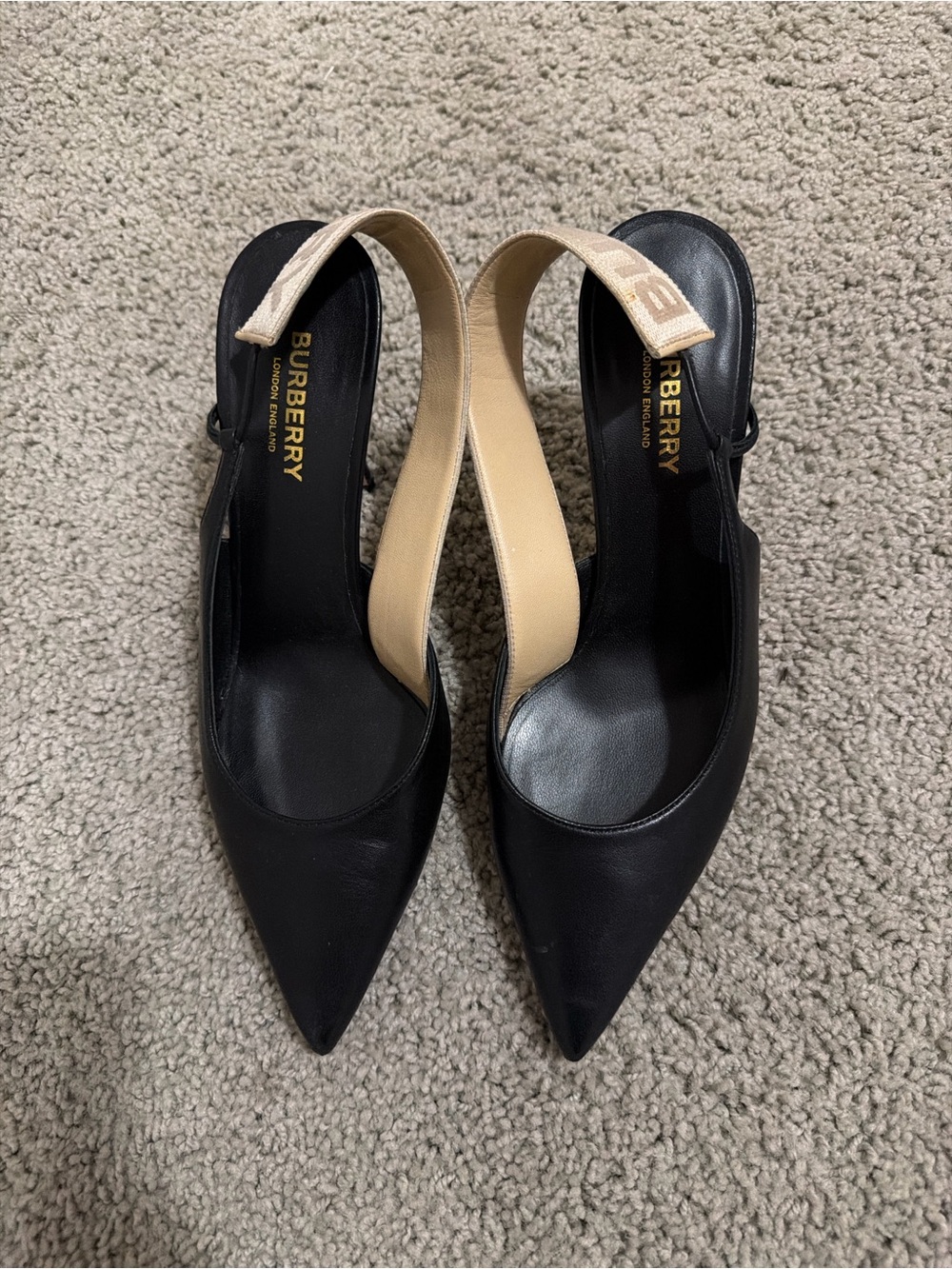 Burberry Black Leather Pointed Slingback with Beige Elastic Strap